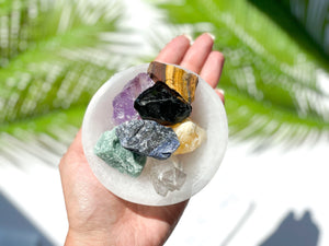 Crystal Set - Chakra Stones Set: Raw Gemstones & Selenite Charging Bowl