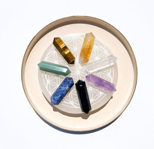 Chakra Crystal Healing Set: Selenite Flower of Life Plate & 7 Double Terminated Points