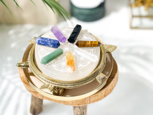 Chakra Crystal Healing Set: Selenite Flower of Life Plate & 7 Double Terminated Points