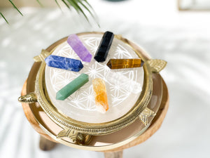 Chakra Crystal Healing Set: Selenite Flower of Life Plate & 7 Double Terminated Points