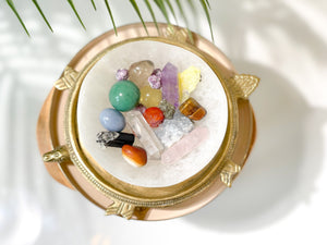 Selenite Bowl with Healing Crystal Set: Amethyst, Quartz, Aventurine