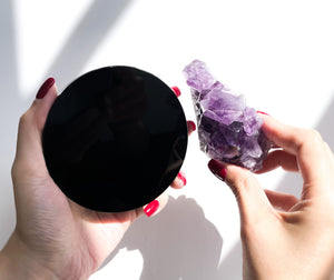 Amethyst Cluster & Black Obsidian Scrying Mirror Set + Free Selenite Charging Stand – Intuition, Protection, Meditation
