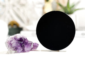 Amethyst Cluster & Black Obsidian Scrying Mirror Set + Free Selenite Charging Stand – Intuition, Protection, Meditation