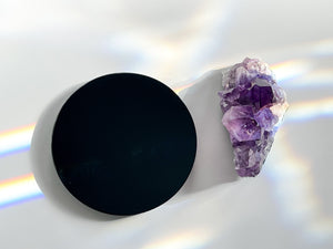 Amethyst Cluster & Black Obsidian Scrying Mirror Set + Free Selenite Charging Stand – Intuition, Protection, Meditation
