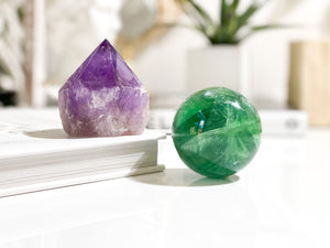 Amethyst Point & Fluorite Sphere Crystal Set: Healing Decor
