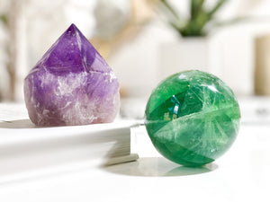 Amethyst Point & Fluorite Sphere Crystal Set: Healing Decor
