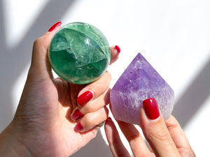 Amethyst Point & Fluorite Sphere Crystal Set: Healing Decor
