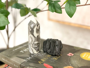 Thousand Eye Jasper Point and Black Tourmaline Chunk Crystal Combo for Grounding and Protection