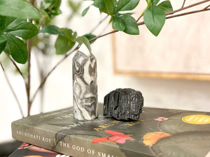 Thousand Eye Jasper Point and Black Tourmaline Chunk Crystal Combo for Grounding and Protection