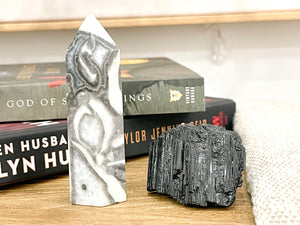 Thousand Eye Jasper Point and Black Tourmaline Chunk Crystal Combo for Grounding and Protection