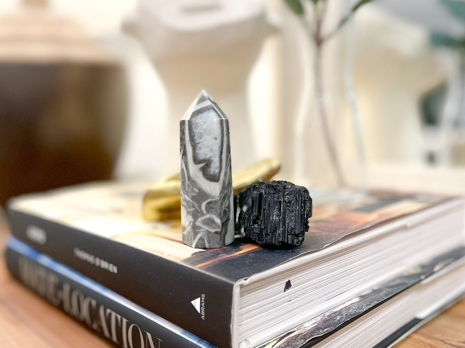 Thousand Eye Jasper Point and Black Tourmaline Chunk Crystal Combo for Grounding and Protection