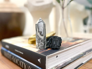 Thousand Eye Jasper Point and Black Tourmaline Chunk Crystal Combo for Grounding and Protection