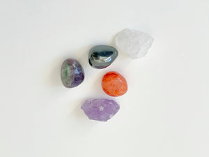 Focus Crystal Set: Fluorite, Hematite, Carnelian, Quartz, Amethyst