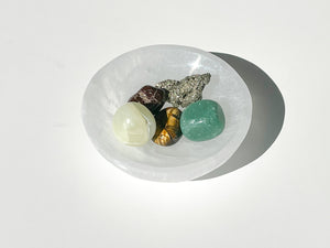 Wealth Attraction Crystal Set: Selenite Bowl, Aventurine, Jade, Pyrite, Garnet, Tiger's Eye