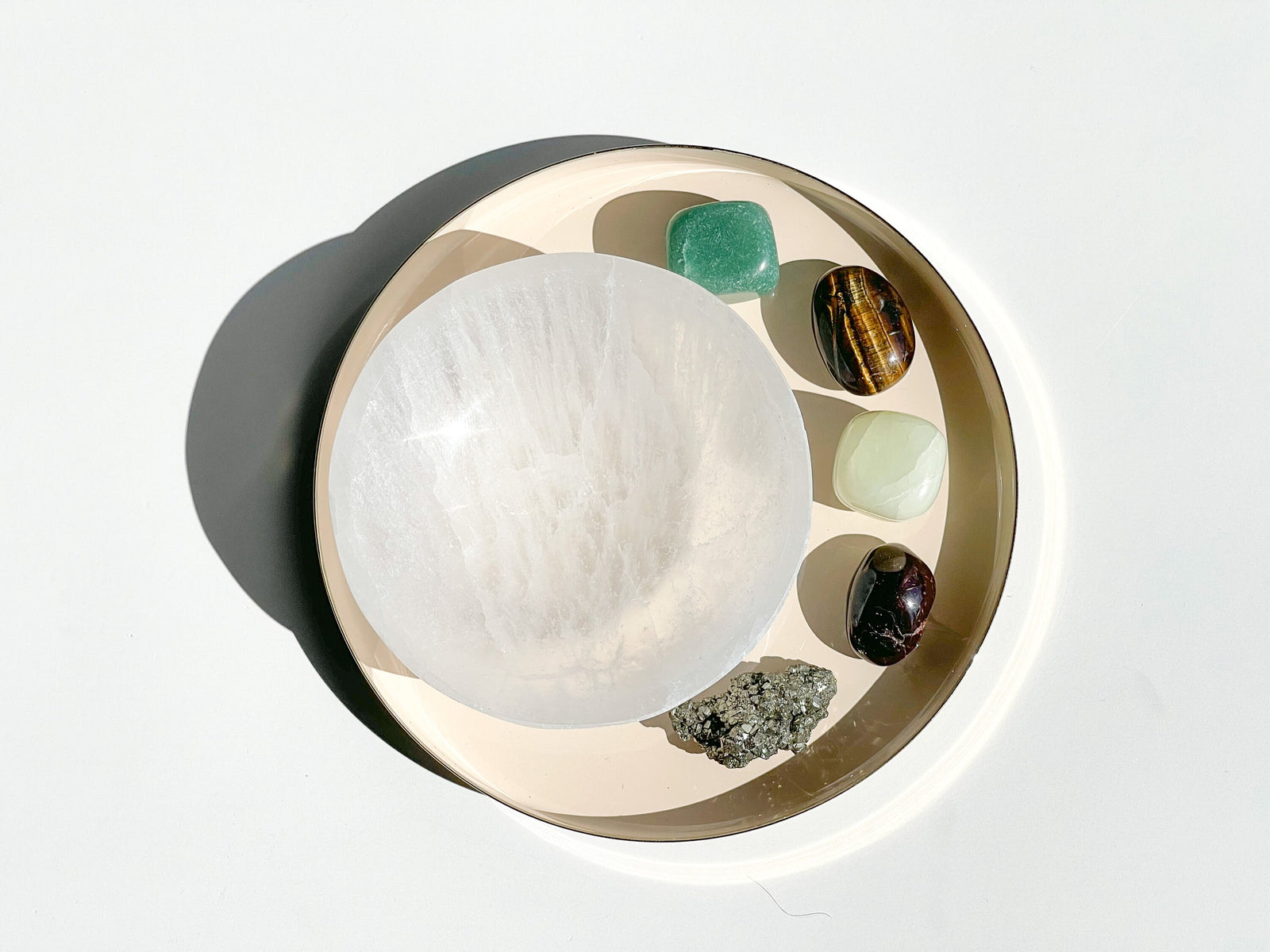 Wealth Attraction Crystal Set: Selenite Bowl, Aventurine, Jade, Pyrite, Garnet, Tiger's Eye