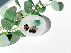 Wealth Attraction Crystal Set: Selenite Bowl, Aventurine, Jade, Pyrite, Garnet, Tiger's Eye