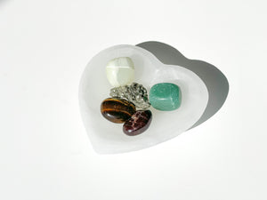 Wealth Attraction Crystal Set: Selenite Heart Bowl, Aventurine, Jade, Pyrite, Garnet, Tiger Eye