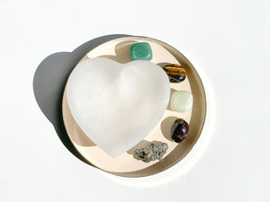 Wealth Attraction Crystal Set: Selenite Heart Bowl, Aventurine, Jade, Pyrite, Garnet, Tiger Eye
