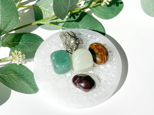 Wealth Attraction Crystal Set: Zodiac Selenite Plate, Aventurine, Jade, Pyrite, Garnet, Tiger Eye