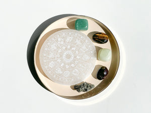 Wealth Attraction Crystal Set: Zodiac Selenite Plate, Aventurine, Jade, Pyrite