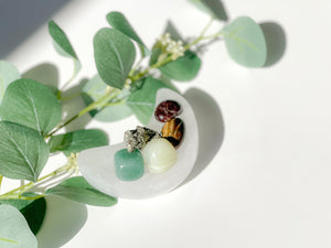 Wealth Attraction Crystal Set: Selenite Moon Bowl, Aventurine, Jade, Pyrite, Garnet, Tiger Eye