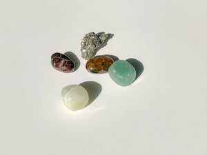 Wealth Attraction Crystal Set: Selenite Moon Bowl, Aventurine, Jade, Pyrite, Garnet, Tiger Eye