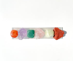 Taurus Crystal Set with Selenite Plate: Aventurine, Jade, Carnelian, Rose Quartz, Amethyst, Red Jasper - Healing Stones Kit