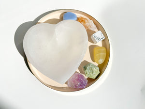 Gemini Zodiac Crystal Set: Selenite Heart Bowl, Healing Birthstones