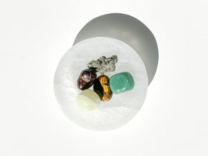 Wealth Attraction Crystal Set: Selenite Bowl, Aventurine, Jade, Pyrite, Garnet, Tiger's Eye
