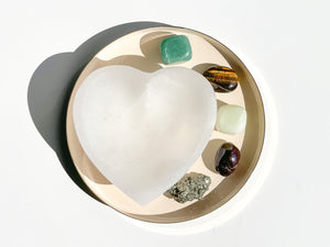 Wealth Attraction Crystal Set: Selenite Heart Bowl, Aventurine, Jade, Pyrite, Garnet, Tiger Eye