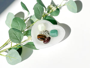 Wealth Attraction Crystal Set: Selenite Heart Bowl, Aventurine, Jade, Pyrite, Garnet, Tiger Eye