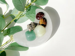 Wealth Attraction Crystal Set: Selenite Moon Bowl, Aventurine, Jade, Pyrite, Garnet, Tiger Eye