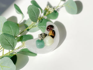 Wealth Attraction Crystal Set: Selenite Moon Bowl, Aventurine, Jade, Pyrite, Garnet, Tiger Eye