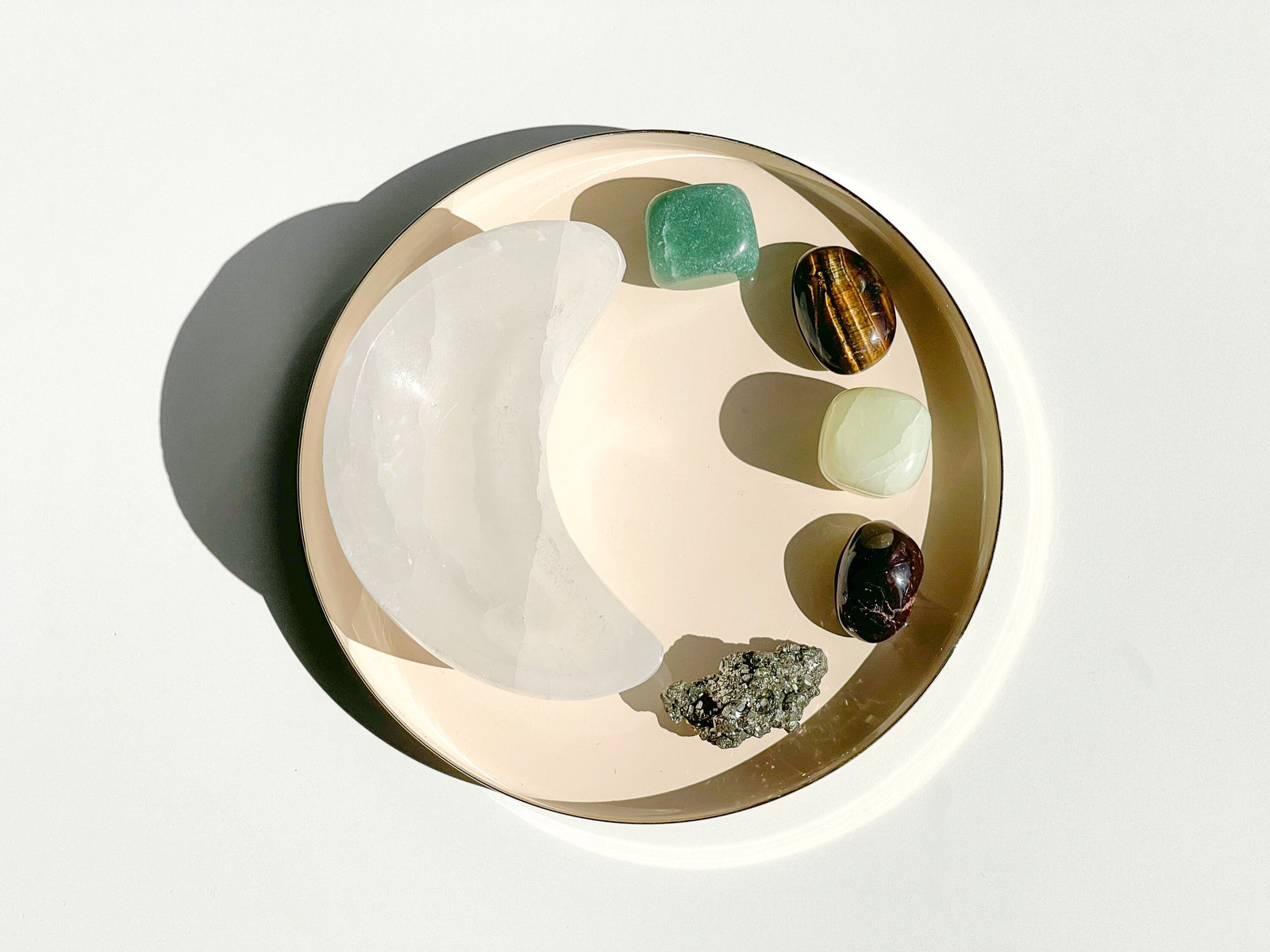 Wealth Attraction Crystal Set: Selenite Moon Bowl, Aventurine, Jade, Pyrite, Garnet, Tiger Eye