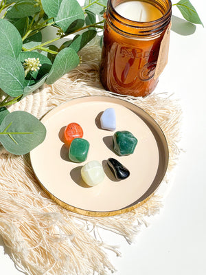 Virgo Zodiac Crystal Set: Selenite Plate, Agate, Jade, Aventurine, Onyx, Carnelian