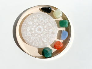 Virgo Crystal Set: Zodiac Selenite Plate, Agate, Jade, Aventurine, Onyx, Carnelian