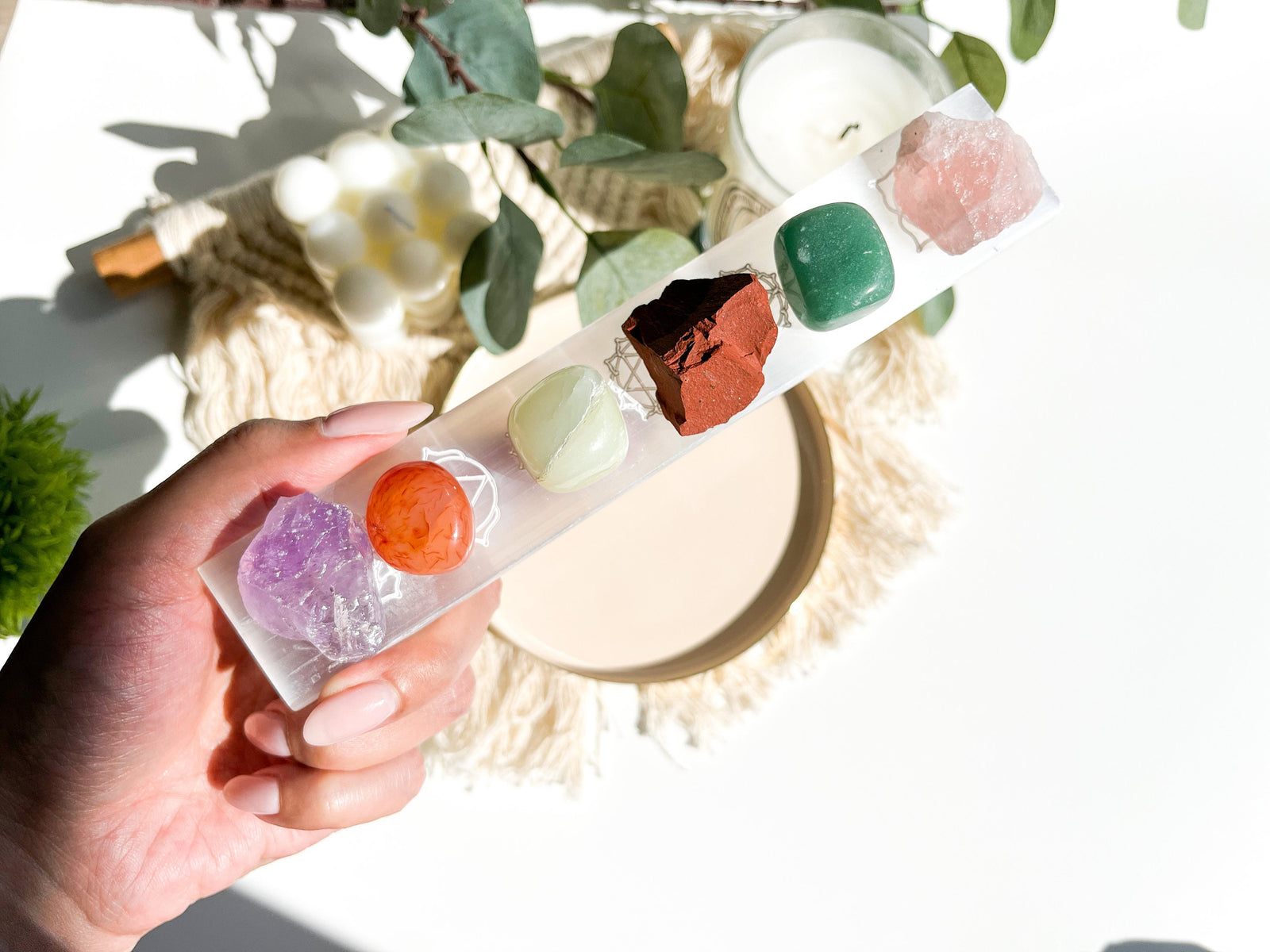 Taurus Zodiac Crystal Set: Chakra Selenite Slab, Healing Stones Kit