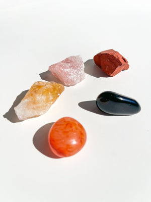 Aries Zodiac Crystal Set: Selenite Plate, Jasper, Carnelian, Citrine