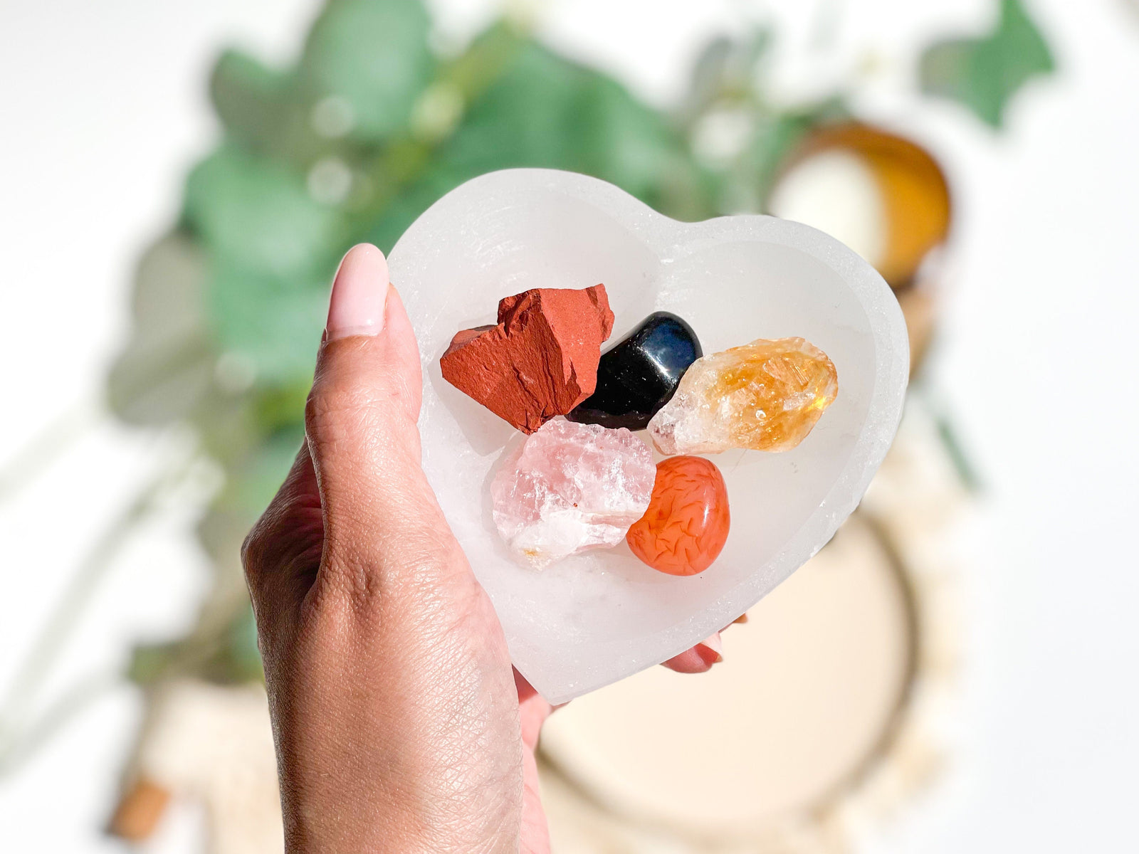 Aries Zodiac Crystal Set: Selenite Heart Bowl, Jasper, Carnelian