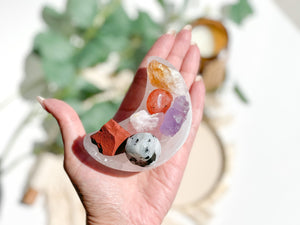 Aries Zodiac Crystal Set: Selenite Moon Bowl, Jasper, Carnelian, Onyx