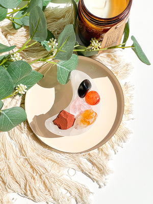 Aries Zodiac Crystal Set: Selenite Moon Bowl, Jasper, Carnelian, Onyx