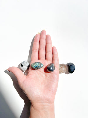 Scorpio Zodiac Crystal Set: Selenite Plate, Moonstone, Onyx, Quartz, Hematite, Labradorite