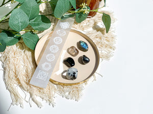 Scorpio Zodiac Crystal Set: Selenite Plate, Moonstone, Onyx, Quartz, Hematite, Labradorite