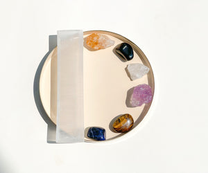 Sagittarius Crystal Set: Amethyst, Sodalite, Tiger's Eye, Citrine, Quartz, Onyx with Selenite Plate