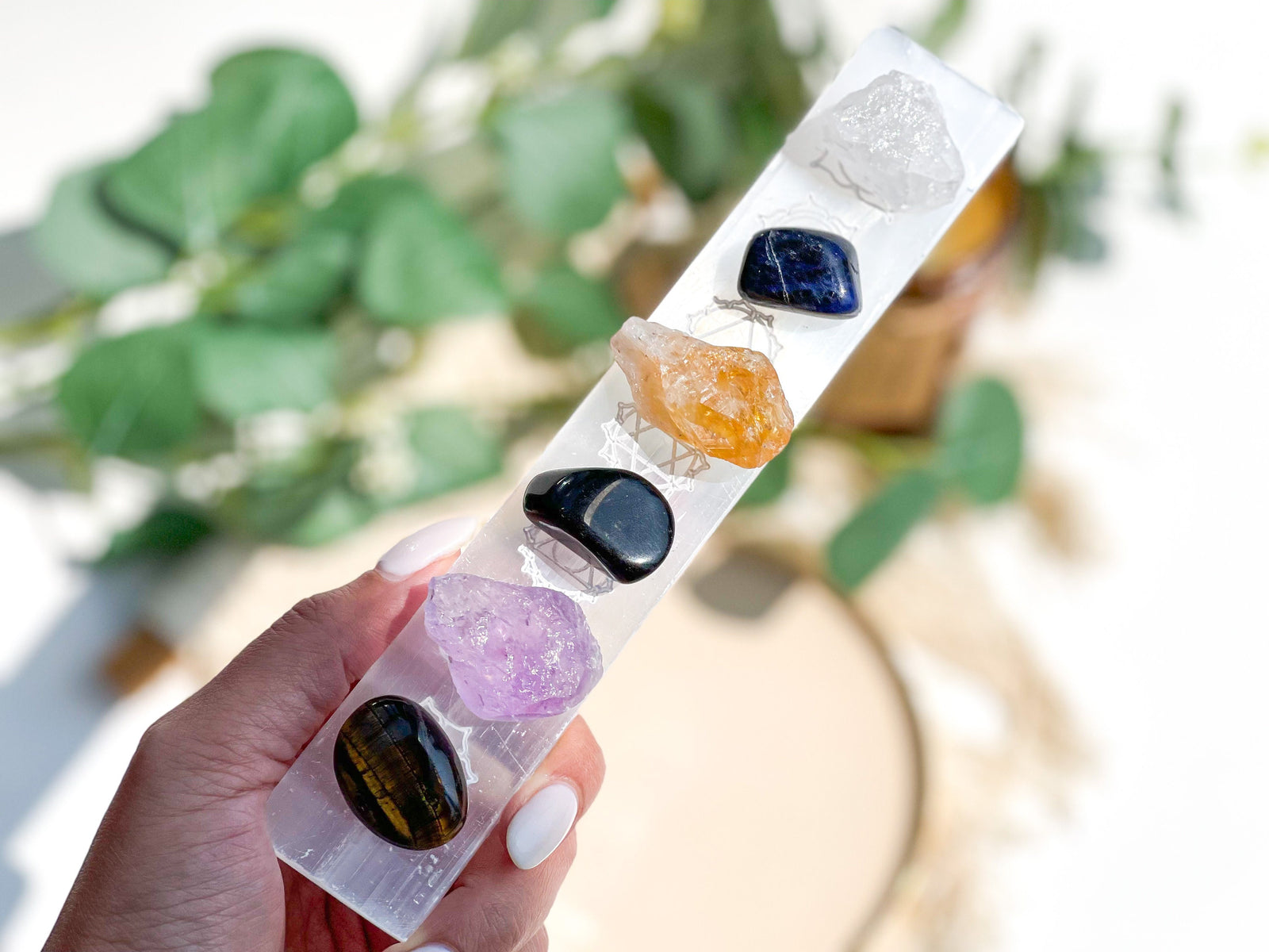 Sagittarius Zodiac Crystal Bundle: Chakra Selenite Plate, Gemstone Set