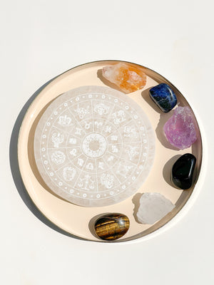 Sagittarius Crystal Kit: Zodiac Selenite Plate, Amethyst, Sodalite, Quartz