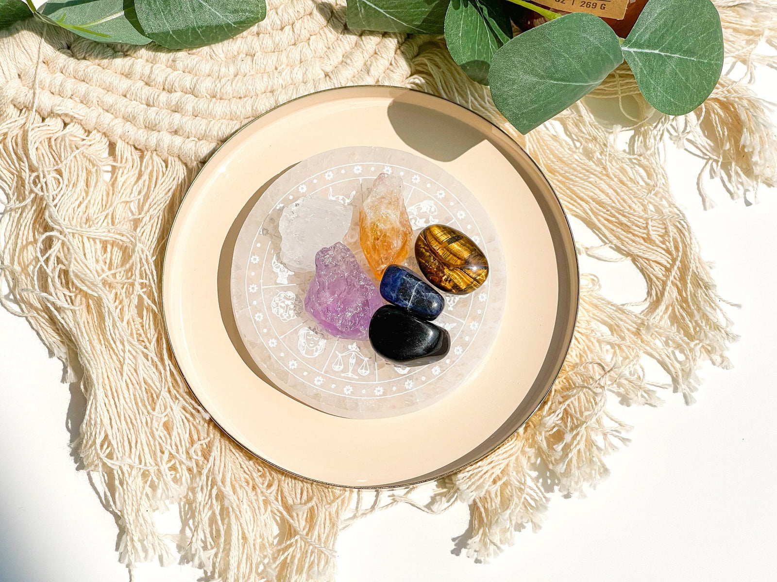 Sagittarius Crystal Kit: Zodiac Selenite Plate, Amethyst, Sodalite, Quartz