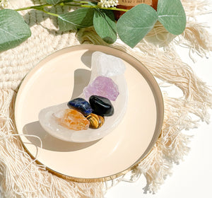 Sagittarius Crystal Set: Selenite Moon Bowl, Zodiac Gemstones
