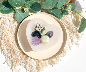 Capricorn Zodiac Crystal Set with Heart-Shaped Selenite Bowl: Amethyst, Serpentine, Fluorite, Jade, Onyx, & Dalmatian Jasper