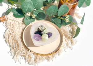 Capricorn Zodiac Crystal Set with Heart-Shaped Selenite Bowl: Amethyst, Serpentine, Fluorite, Jade, Onyx, & Dalmatian Jasper